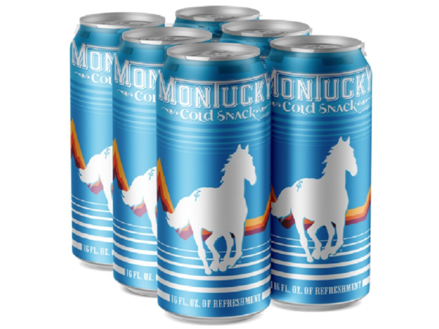 Six-pack cans of Montucky Cold Snacks beer brand
