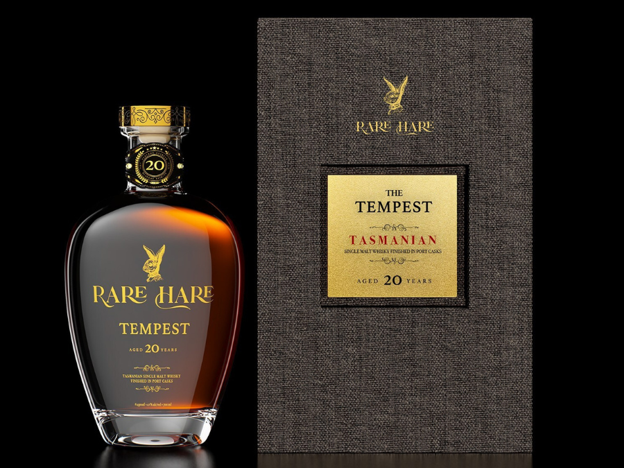 Bottle of and box for Rare Hare The Tempest Tasmanian single malt whisky