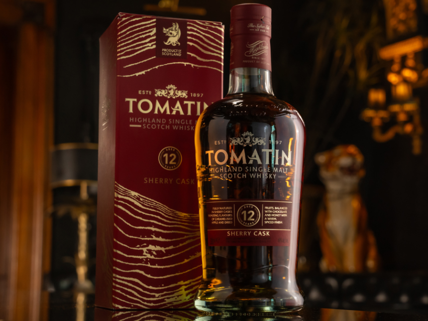 Bottle of and box for Tomatin 12 Year Old Sherry Cask