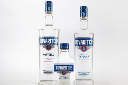 Three different bottle sizes of Tovaritch Vodka