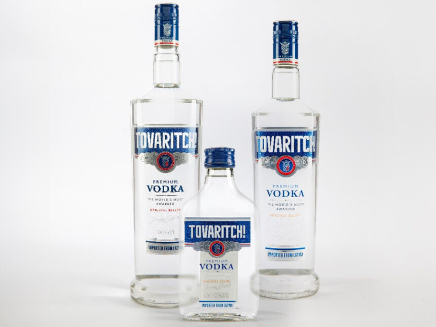 Three different bottle sizes of Tovaritch Vodka
