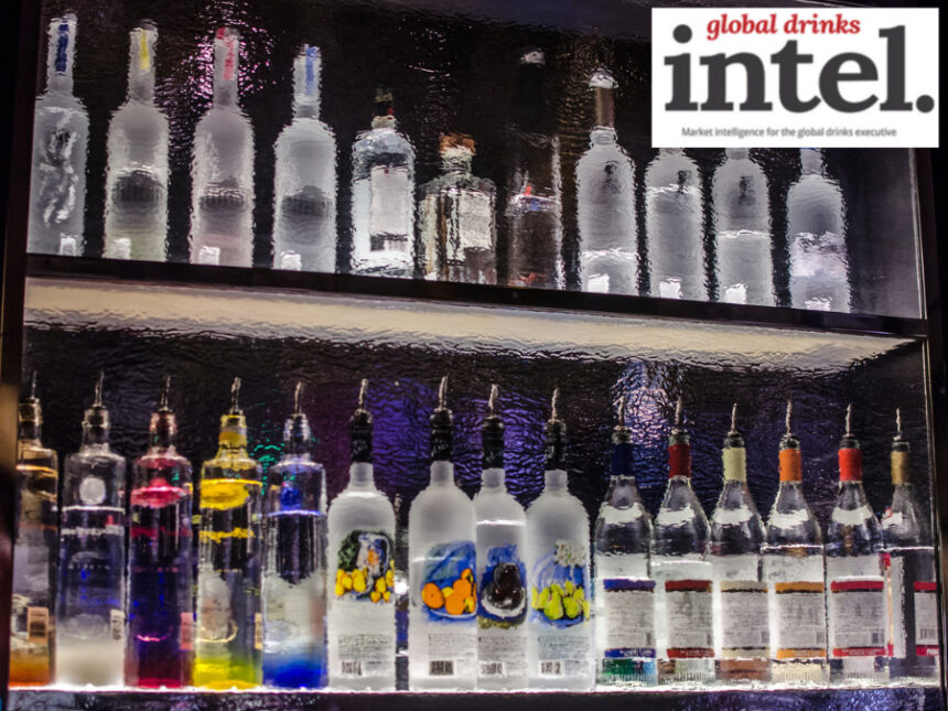 Lines of vodka bottles on a backbar