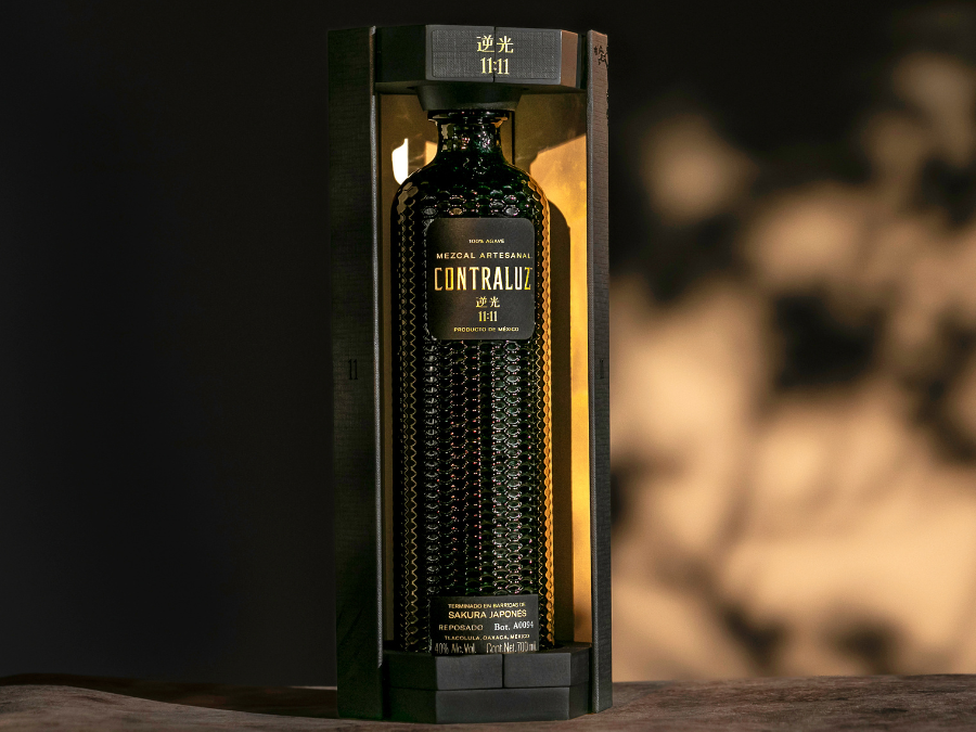 Bottle of and box for Contraluz 11:11 Mezcal Reposado