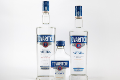 Three different bottle sizes of Tovaritch Vodka