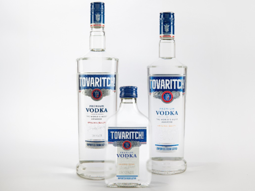 Three different bottle sizes of Tovaritch Vodka