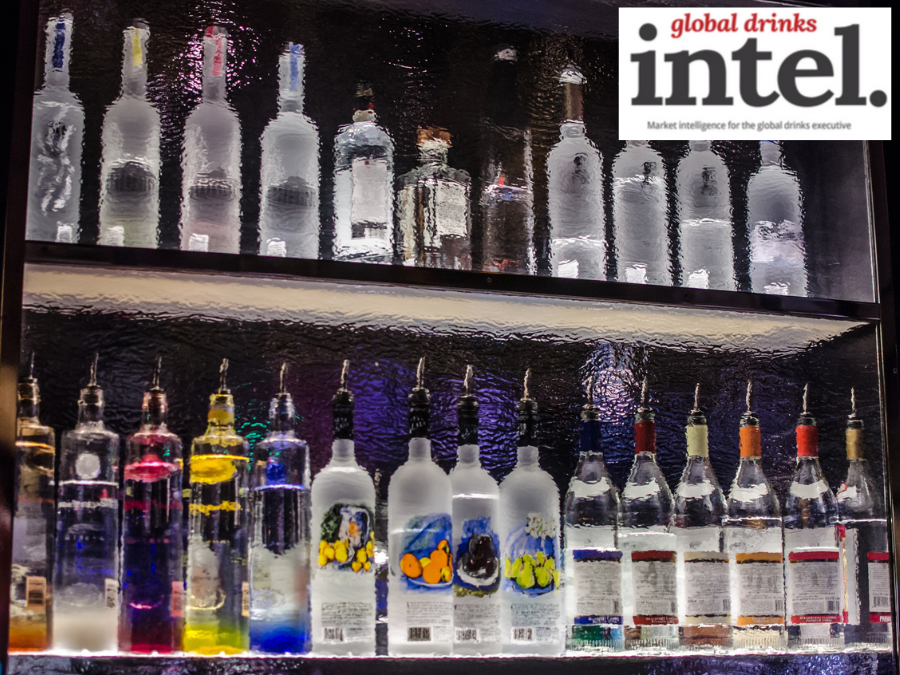 Lines of vodka bottles on a backbar