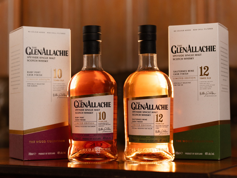The GlenAllachie ten- and 12-year-old 'Wood Collection' bottles and boxes