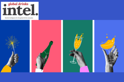 Four hands, one holding a sparkler, one a bottle of champagne and two holding drinks