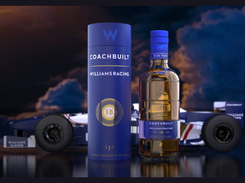 Bottle of and box for Coachbuilt 18-Year-Old Blended Scotch Whisky in front of a Williams F1 race car