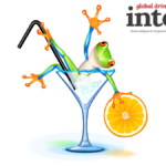 Drawing of a frog lying in a cocktail glass