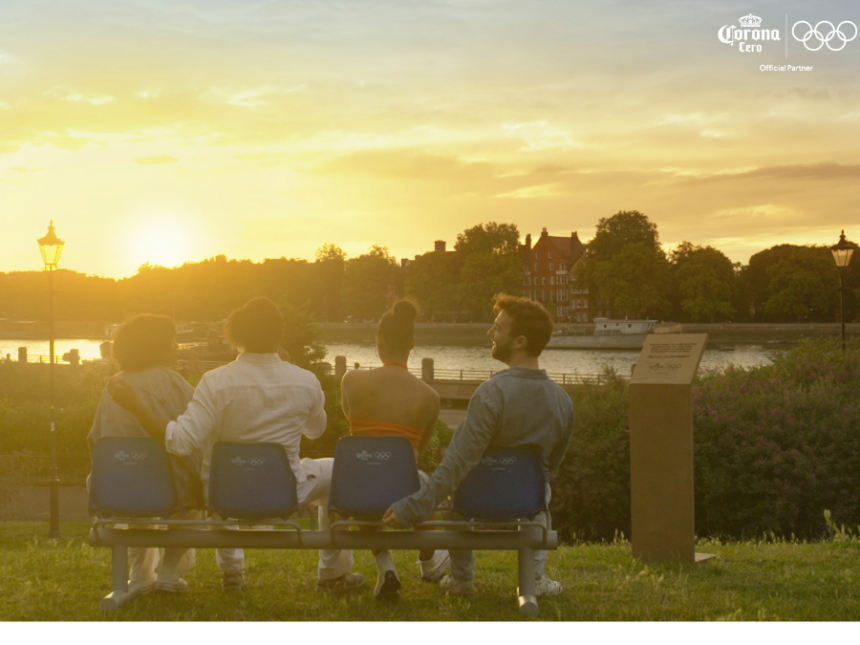 Set of Olympic Games seats by the River Thames in London