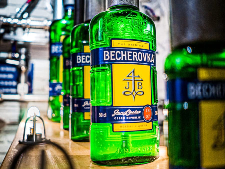 Bottles of Becherovka on a production line