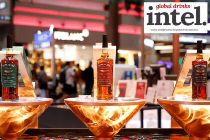 Display in global travel retail of three Bowmore single malt Scotch whiskies