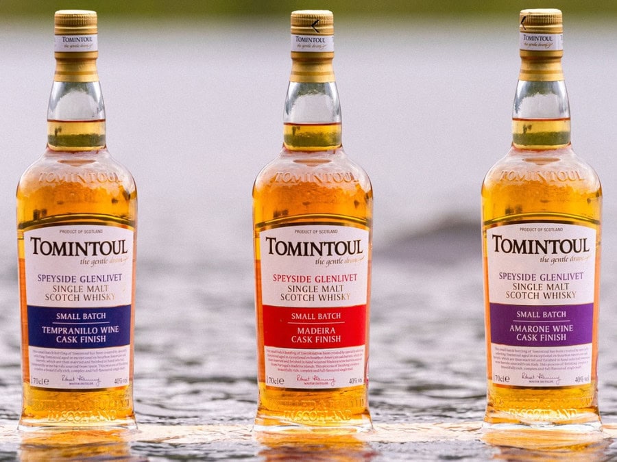 Bottles of Tomintoul Tempranillo Wine, Madeira and Amarone Wine Cask Finish