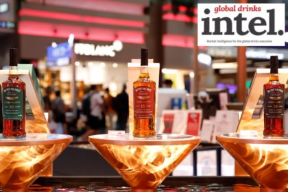 Display in global travel retail of three Bowmore single malt Scotch whiskies