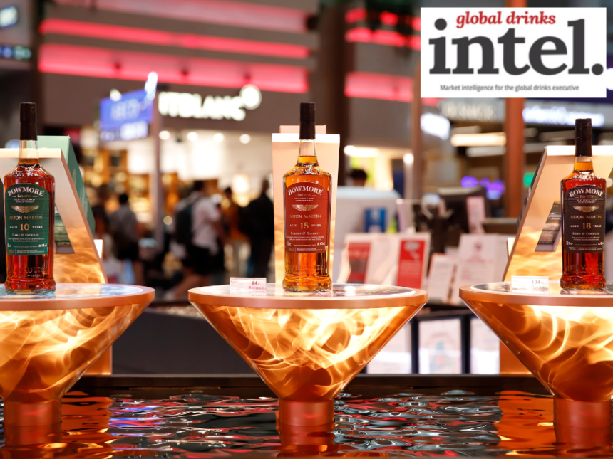 Display in global travel retail of three Bowmore single malt Scotch whiskies