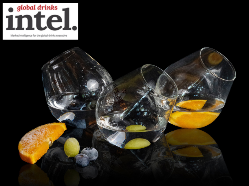 Three serves of Grappa Alex Blanca with pieces of fruit