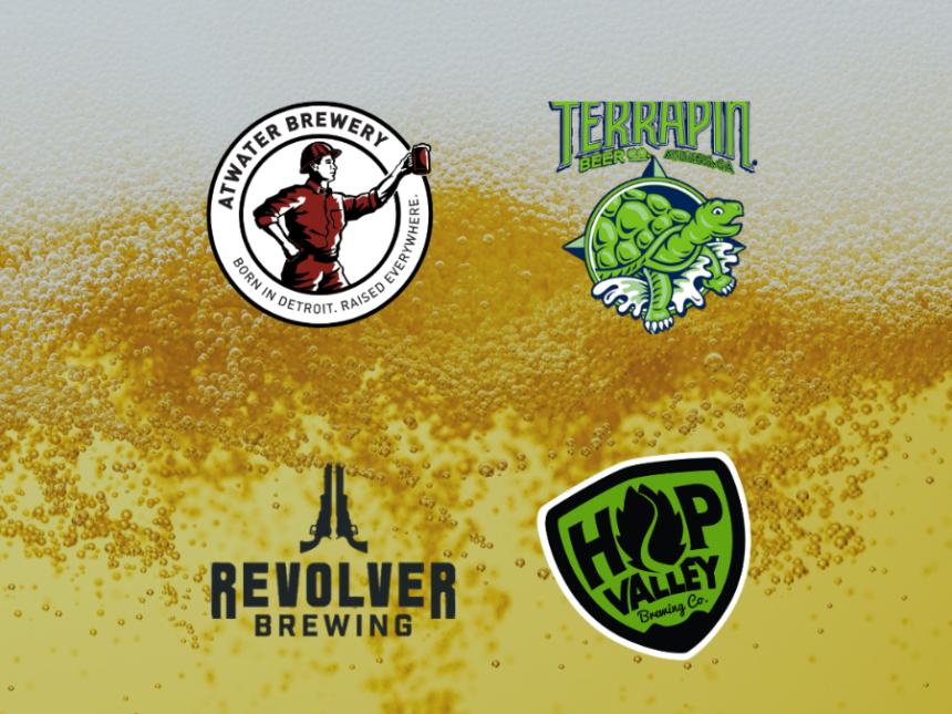 Logos for Hop Valley Brewing Co, Terrapin Beer Co., Revolver Brewing and Atwater Brewery