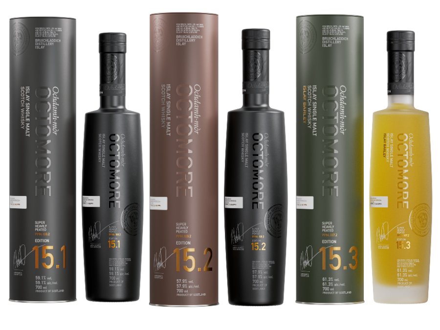 Bottles of and boxes for Bruichladdich Octomore 15.1, 15.2 and 15.3