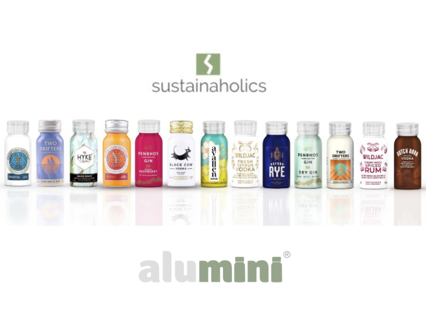 Sustainaholics logo with row of 5cl 100% recycled aluminium bottles containing spirits