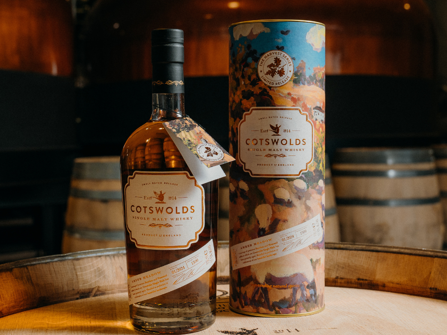 Bottle of and box for Cotswolds Distillery's Amber Meadows