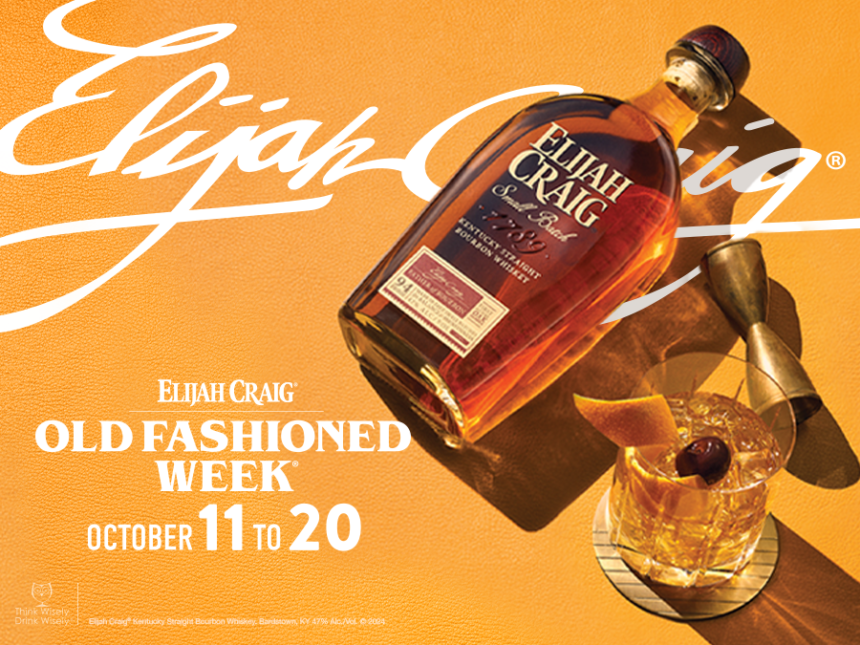 Bottle of Elijah Craig American whiskey with an old fashioned cocktail serve