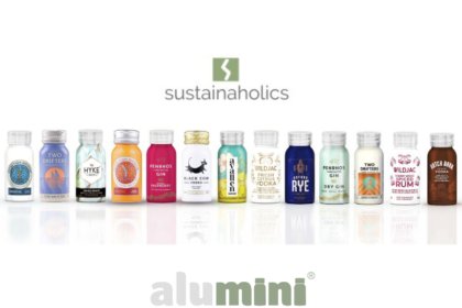 Sustainaholics logo with row of 5cl 100% recycled aluminium bottles containing spirits