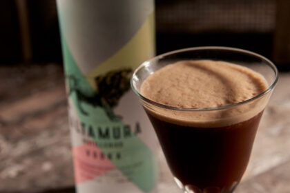 Bottle of Altamura vodka with an espresso martini serve