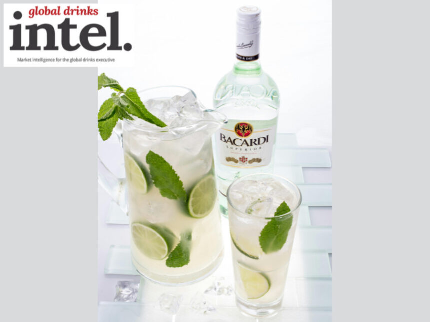 Bottle of Bacardi rum with a long serve