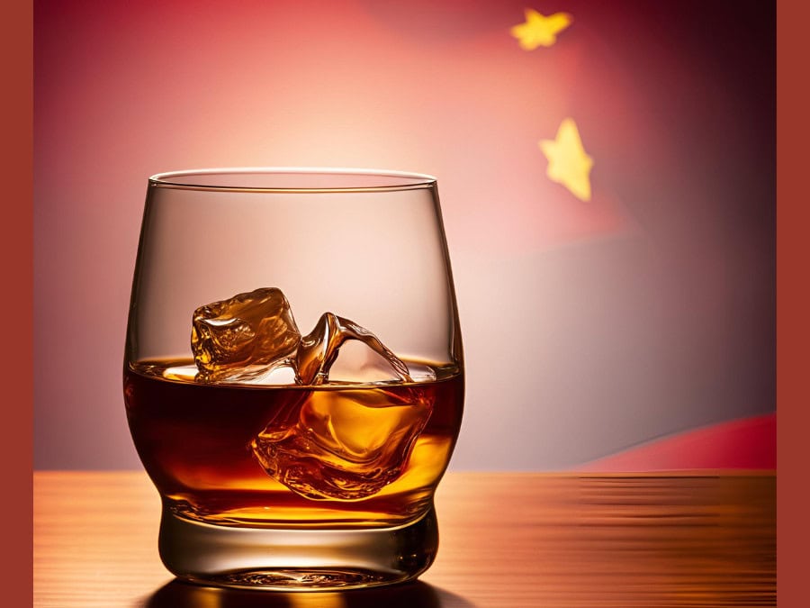 AI-generated image of a glass of brown spirit over ice with a Chinese flag in the background