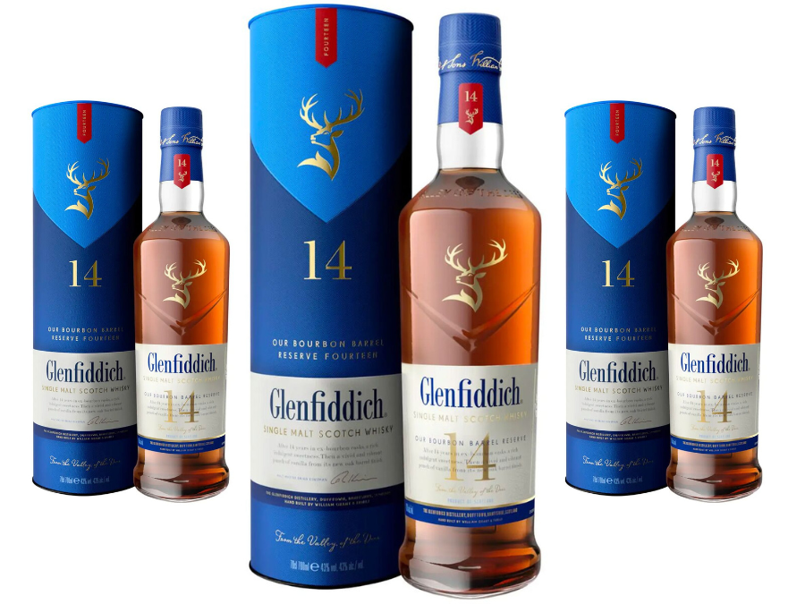 Bottle of and box for Glenfiddich 14 Year Old Bourbon Barrel Reserve