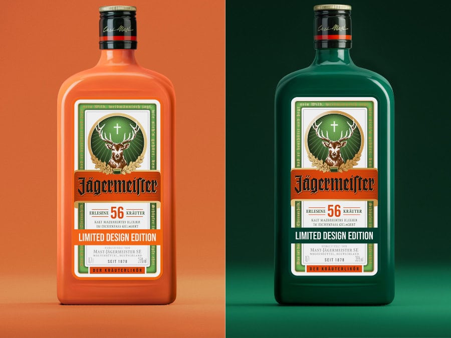 Two limited-edition designs of the Jagermeister bottle