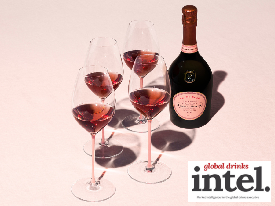 Bottle of Laurent-Perrier Cuvee Rose with four glasses