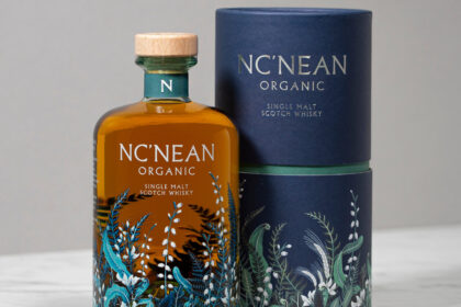Bottle of and box for Nc'nean organic single malt scotch whisky