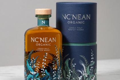 Bottle of and box for Nc'nean organic single malt scotch whisky