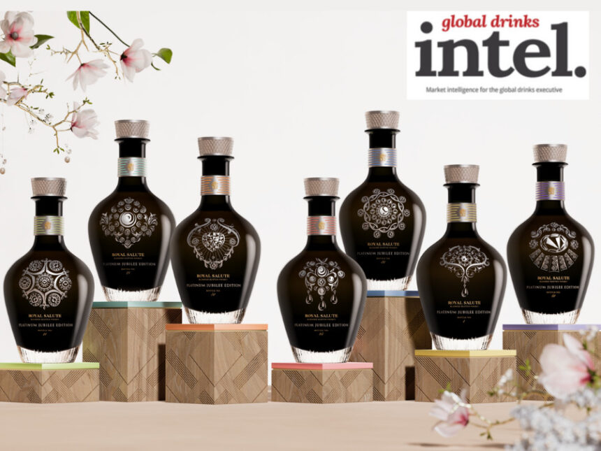 The seven bottles in the Royal Salute Platinum Jubilee Collection
