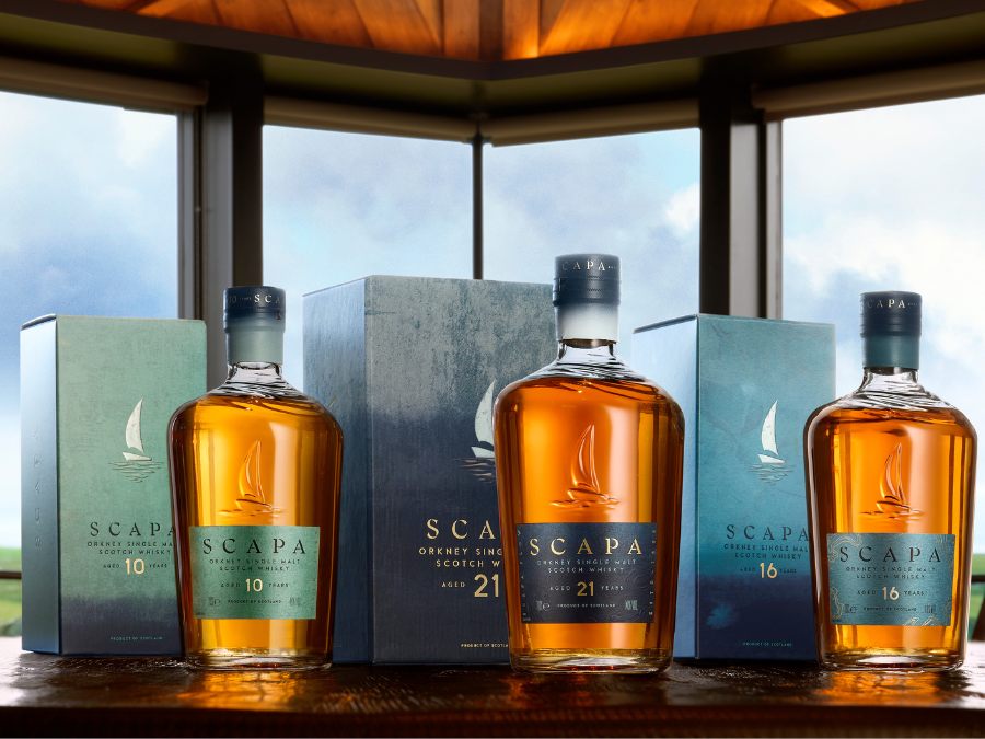 Bottles of and boxes for Scapa 10, 16 and 21 Year Old single malts