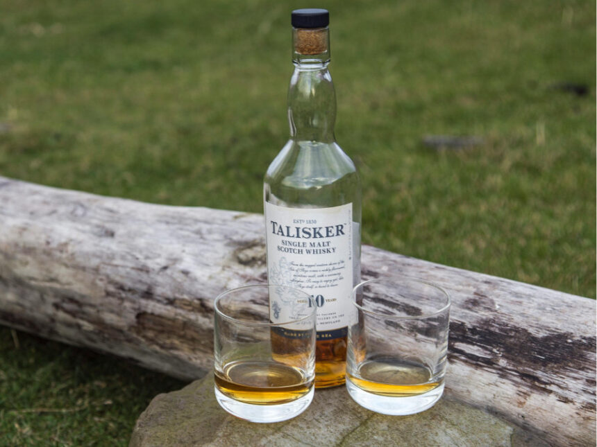 Bottle of Talisker ten-year-old with two glasses
