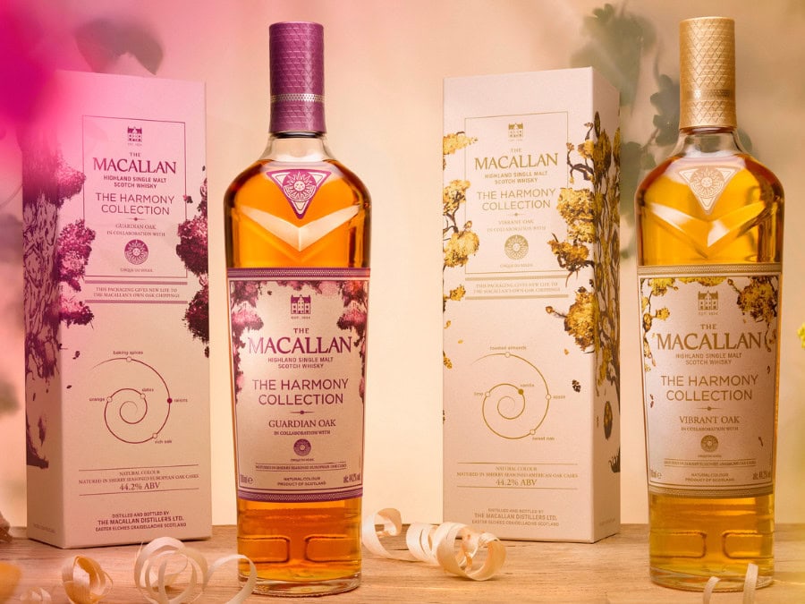 Bottles of and boxes for The Macallan Harmony Collection Guardian Oak and Vibrant Oak