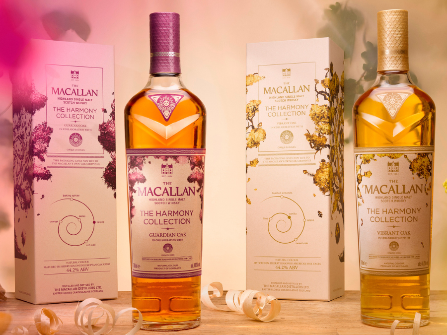 Bottles of and boxes for The Macallan Harmony Collection Guardian Oak and Vibrant Oak