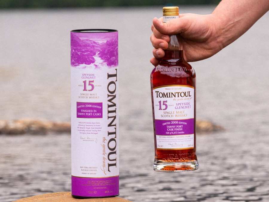 Bottle of and box for Tomintoul 15-year-old Tawny Port Cask Finish