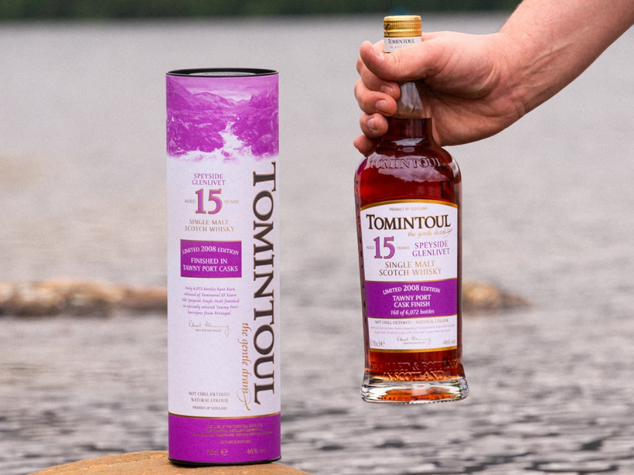 Bottle of and box for Tomintoul 15-year-old Tawny Port Cask Finish