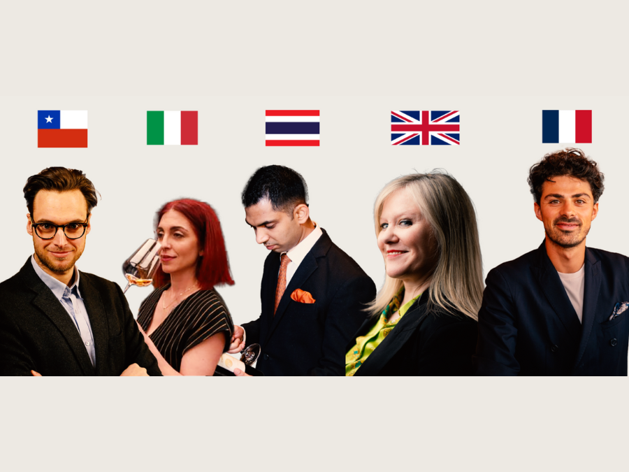 Five judges of the London Competitions with their national flags