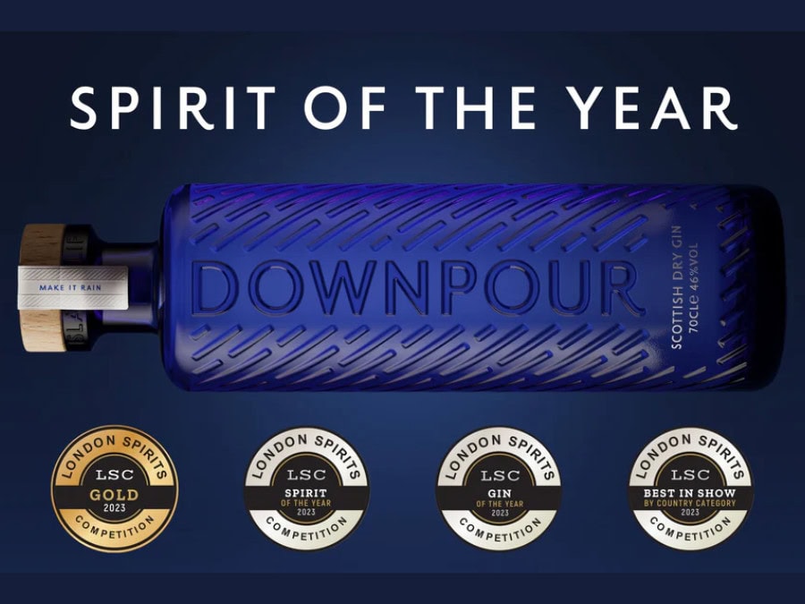 Bottle of Downpour Scottish gin, a winner at the London Competitions