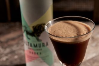 Bottle of Altamura vodka with an espresso martini serve