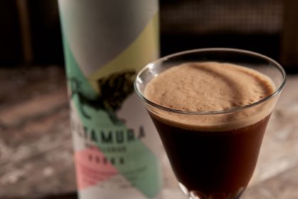 Bottle of Altamura vodka with an espresso martini serve