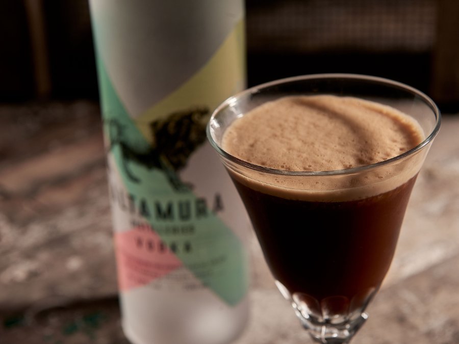 Bottle of Altamura vodka with an espresso martini serve