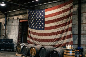 An American flag hanging above four barrels