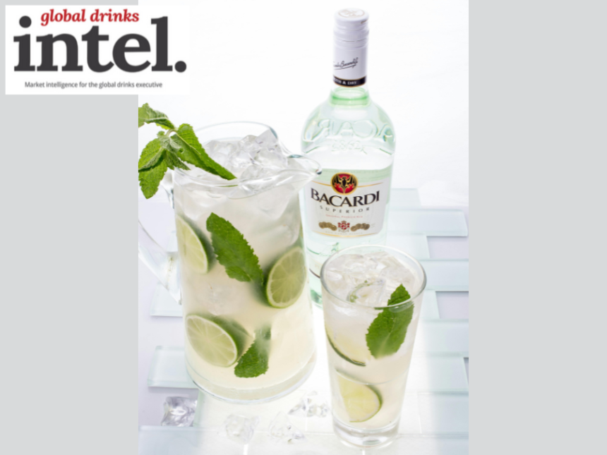 Bottle of Bacardi rum with a long serve