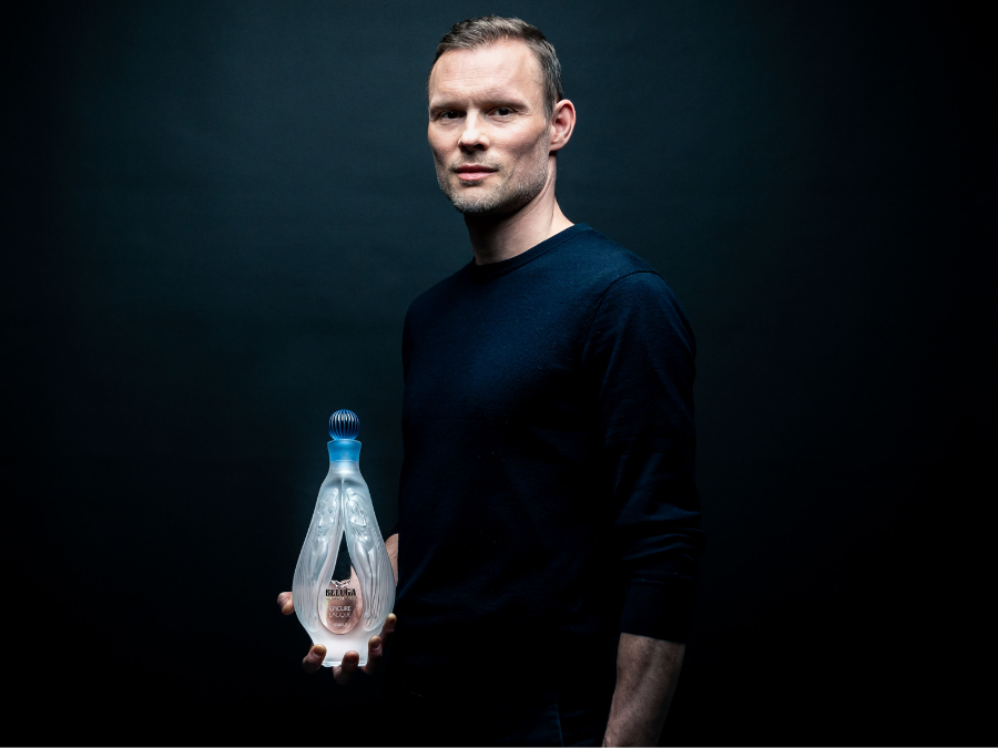 Lalique artistic & creative director Marc Larminaux with a decanter of Beluga Epicure Series II